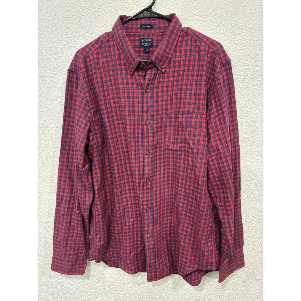 J. Crew Men's Button-Up Shirt Red/Blue Plaid Brushed Twill 100% Cotton Sz Large